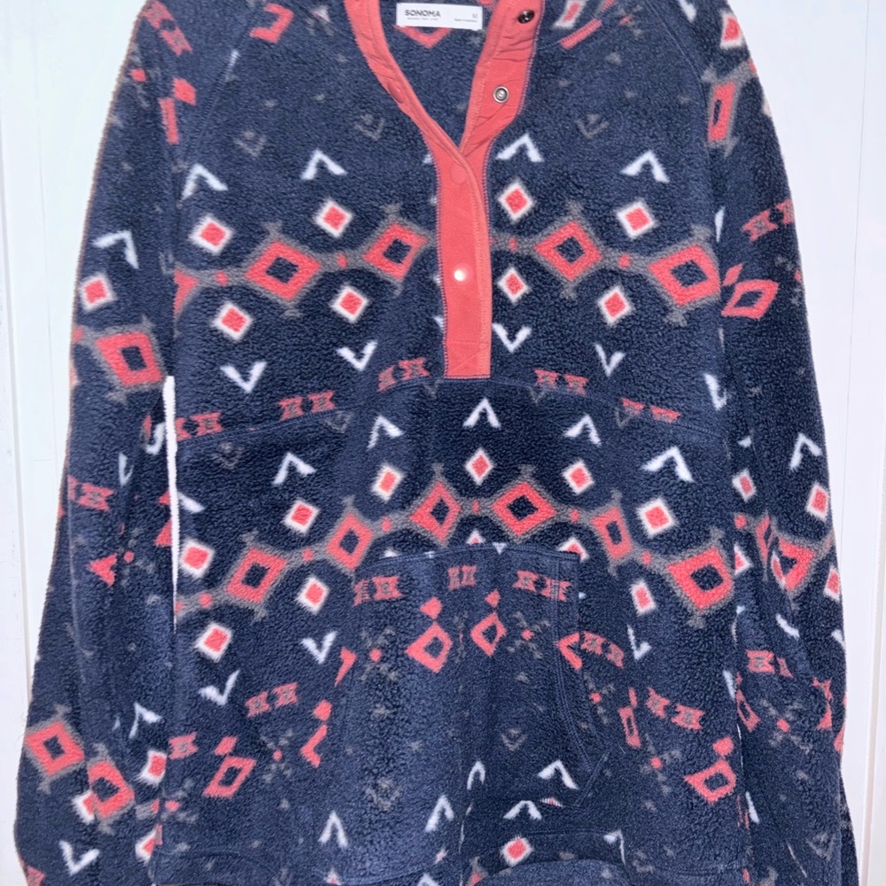 Sonoma Navy and Red Geometric Fleece Pullover